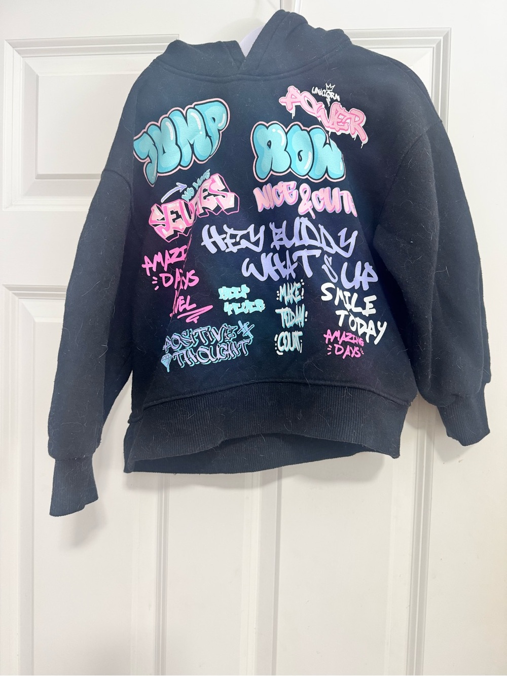 ZARA Black Graphic Hoodie with Teal & Pink Graffiti Prints